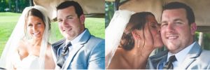 photo of bride and groom in golf cart