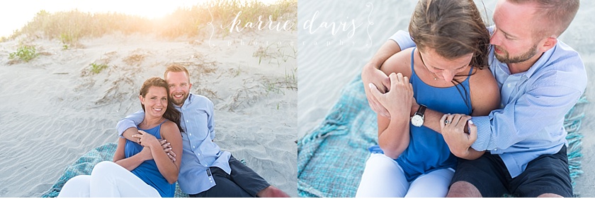 photo of engaged couple on sand dunes on a beach in NJ. Photos by Karrie Davis Photography