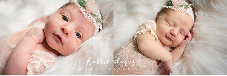 Photo of newborn baby girl with her eyes open for her newborn pictures photo shoot in Smithville NJ