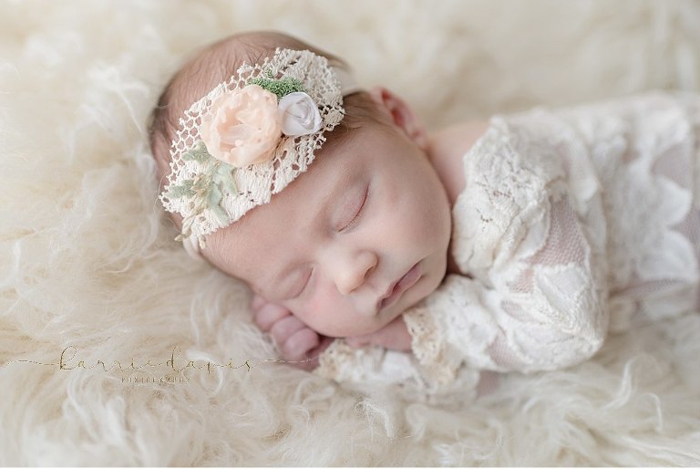 the cutest newborn baby girl outfit ever! love the lace dress and this floral lace head piece accessory, the cutest. South Jersey newborn photographer 