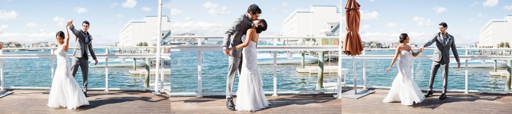 Wedding poses for a fun couple by the water.